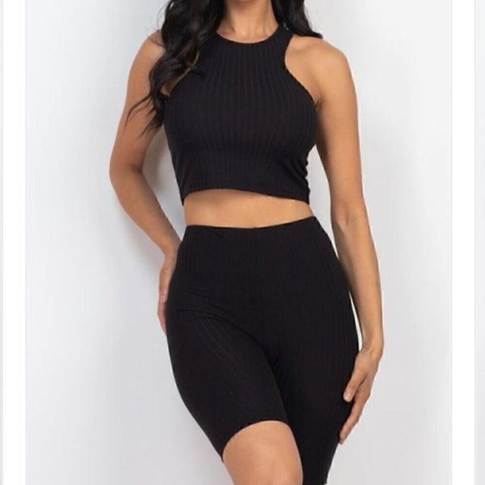 Ribbed Crop Tank Top and Ribbed Biker Shorts Set Black